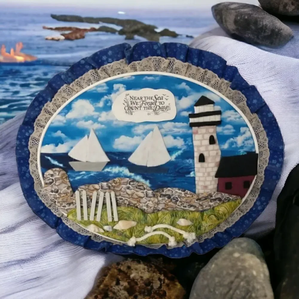 Vtg‎ Handmade Beach Wall Art Near The Sea Quilted Shells Lighthouse Beach House.